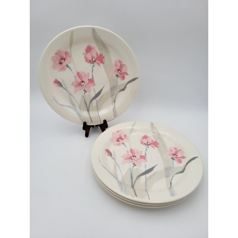 4 Vtg Mikasa Uptrend Something Pink Dinner Plates Pink & Gray Flowers Rare